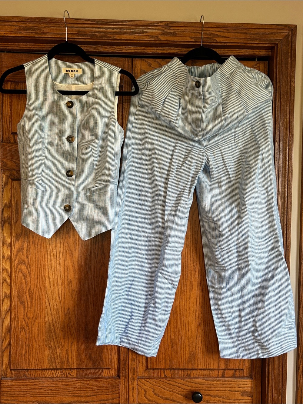Boden Pale Blue Striped Seersucker Wide-Leg Pants